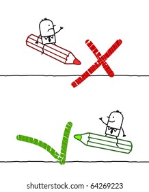 hand drawn cartoon characters - NO & OK signs