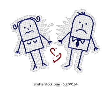 handgezeichnete Cartoon-Figuren auf überprüftem Papier - Ehepaar und Scheidung