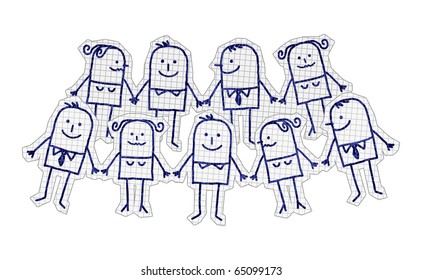hand drawn cartoon characters on checked paper - harmonious & peaceful group