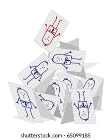 personajes de caricatura dibujados a mano en papel revisado - trabajo en equipo de la empresa en colapso