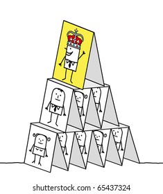 hand drawn cartoon characters - powerful king & cards pyramid