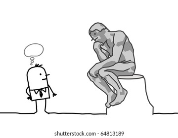 hand drawn cartoon characters - The Rodin's thinker parody