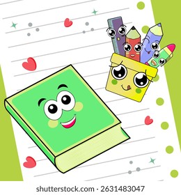 Hand Drawn cartoon characters of school stationary Set. Back to school kawaii characters