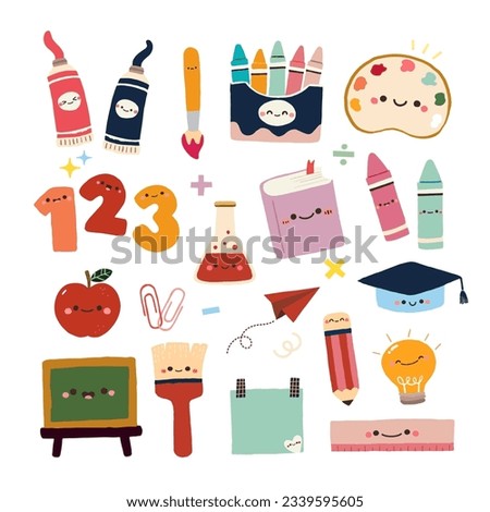 Hand Drawn cartoon characters of school stationary Set 2. Back to school kawaii vector.