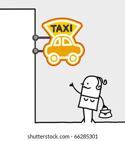 hand drawn cartoon characters - woman & taxi sign