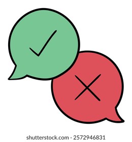 Hand drawn cartoon check mark and cross in red and green speech bubbles icon isolated on white background. Vector illustration.