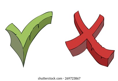 Hand Drawn Cartoon Check Mark and Cross Sign, Vector Illustration isolated on White Background. 
