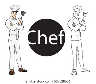 hand drawn cartoon Chef, handsome chef.character design a man in chef suit and helmet.
