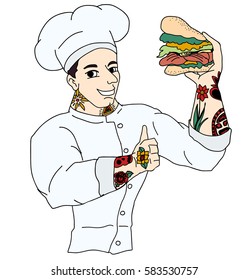 hand drawn cartoon Chef with tattoo, handsome chef with hamburger