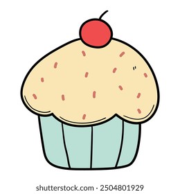 Hand drawn cartoon cherry cupcake isolated on white background. Vector illustration.
