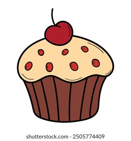 Cupcake de cereza de dibujos animados dibujado a mano aislado sobre fondo blanco. Ilustración vectorial.