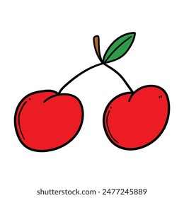Handgezeichnete Cartoon-Kirsche mit grünem Blatt isoliert auf weißem Hintergrund. Vektorillustration.