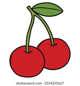 Hand drawn cartoon cherry with a leaf isolated on a white background. Vector illustration.