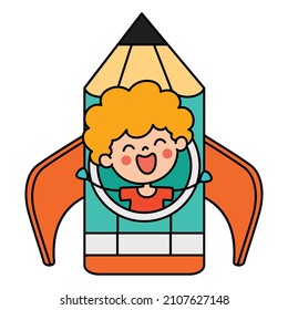 Hand Drawn Cartoon Child  In A Pencil Rocket