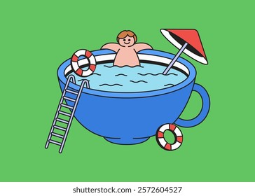 Hand drawn cartoon a child swimming in cup pool retro illustration for summer vibe