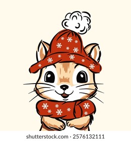 Hand drawn cartoon chipmunk wearing a red winter hat and scarf in a cozy winter design