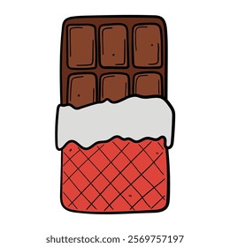 Hand drawn cartoon chocolate bar in a red wrapper isolated on a white background. Vector illustration.