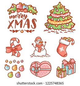 Hand drawn cartoon Christmas elements, objects with lettering, calligraphy text, illustrations and doodles. Merry Xmas. Art for your design concept, greeting card, invitation