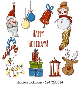 Hand drawn cartoon christmas elements and decorations