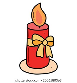 Hand drawn cartoon Christmas or New Year's candle isolated on white background. Vector illustration.