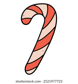 Hand drawn cartoon christmas striped candy cane isolated on white background. Christmas and New Year concept. Vector illustration.