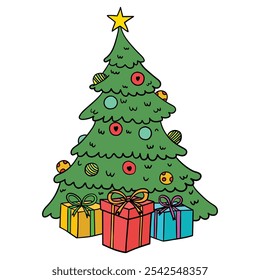 Árvore de Natal desenhada à mão e caixas de presente isoladas no fundo branco. Conceito Ano Novo e Natal. Ilustração vetorial.