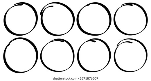 Estilo dibujado a mano del bosquejo del doodle de la Ilustración vectorial de la línea del círculo de la historieta para el diseño conceptual. Vector del círculo del cepillo fijado en un fondo blanco. 