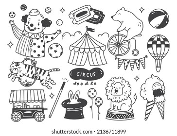 Hand Drawn Cartoon Circus Show Doodle With Circus tent, Animals and Clown