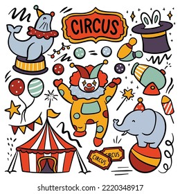 Hand Drawn Cartoon Circus Show Doodle With Circus tent, Animals and Clown