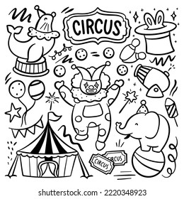 Caricatura dibujada a mano en circo muestra garabato con tienda de circo, animales y payaso