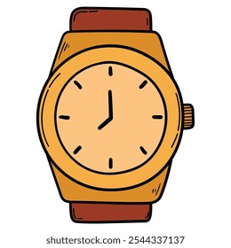 Hand drawn cartoon classic style wristwatch isolated on white background. Vector illustration.