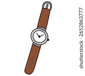 Hand drawn cartoon classic wristwatch isolated on white background. Vector illustration.