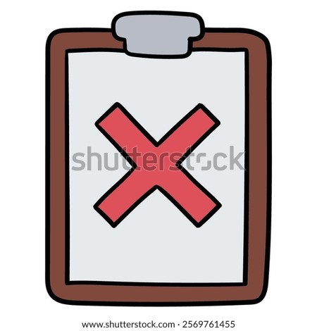 Hand drawn cartoon clipboard with red cross isolated on white background. Vector illustration.