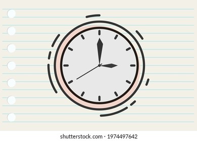 Hand drawn cartoon clock, isolated on lined paper background.