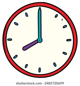 Hand drawn cartoon clock isolated on white background. Vector illustration.