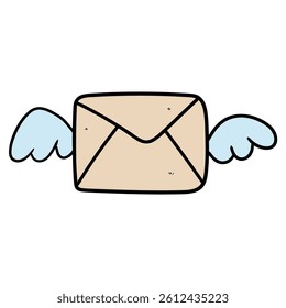 Hand drawn cartoon closed envelope with wings isolated on white background. Vector illustration.