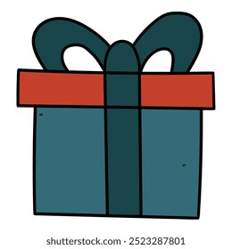 Hand drawn cartoon closed gift box isolated on white background. Birthday, valentine's day, Christmas, new year, anniversary. Vector illustration.