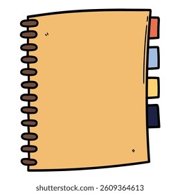 Hand drawn cartoon closed orange notebook with colored bookmarks isolated on white background. Vector illustration.