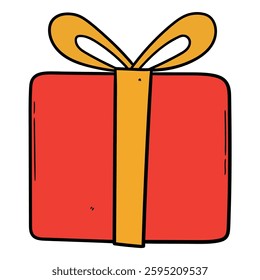 Hand drawn cartoon closed red gift box isolated on white background. Vector illustration.