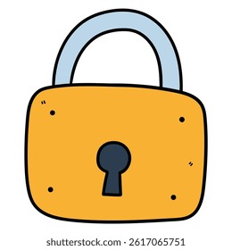 Hand drawn cartoon closed yellow padlock isolated on white background. Vector illustration.