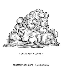 Hand drawn cartoon cloud.  Cumulus cloud. Outline sketching engraving. Cloudscape drawing, sketchy vector illustration