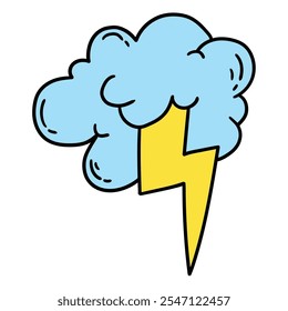 Hand drawn cartoon cloud and lightning isolated on white background. Vector illustration.