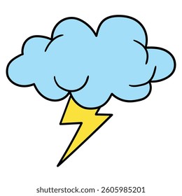 Hand drawn cartoon cloud and lightning bolt isolated on white background. Vector illustration.