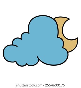Hand drawn cartoon cloud and moon isolated on white background. Vector illustration.