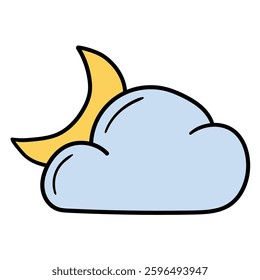 Hand drawn cartoon cloud and moon isolated on white background. Vector illustration.
