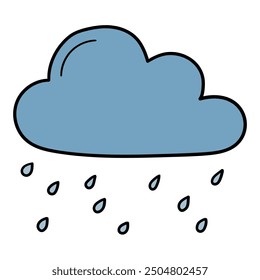 Hand drawn cartoon cloud with rain isolated on white background. Vector illustration.