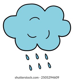 Hand drawn cartoon cloud and rain isolated on white background. Vector illustration.