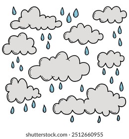 Dibujado a mano nubes de dibujos animados y lluvia aislados sobre fondo blanco. Ilustración vectorial.
