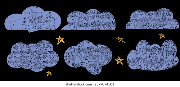 Hand drawn cartoon cloudy sky and sun. Vector illustration of collection of white eddy on black background. Childish naive clouds icons isolated.