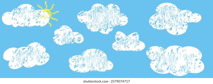  Hand drawn cartoon cloudy sky and sun. Vector illustration of collection of white eddy on blue background. Childish naive clouds icons isolated .White illustration on a chalkboard.